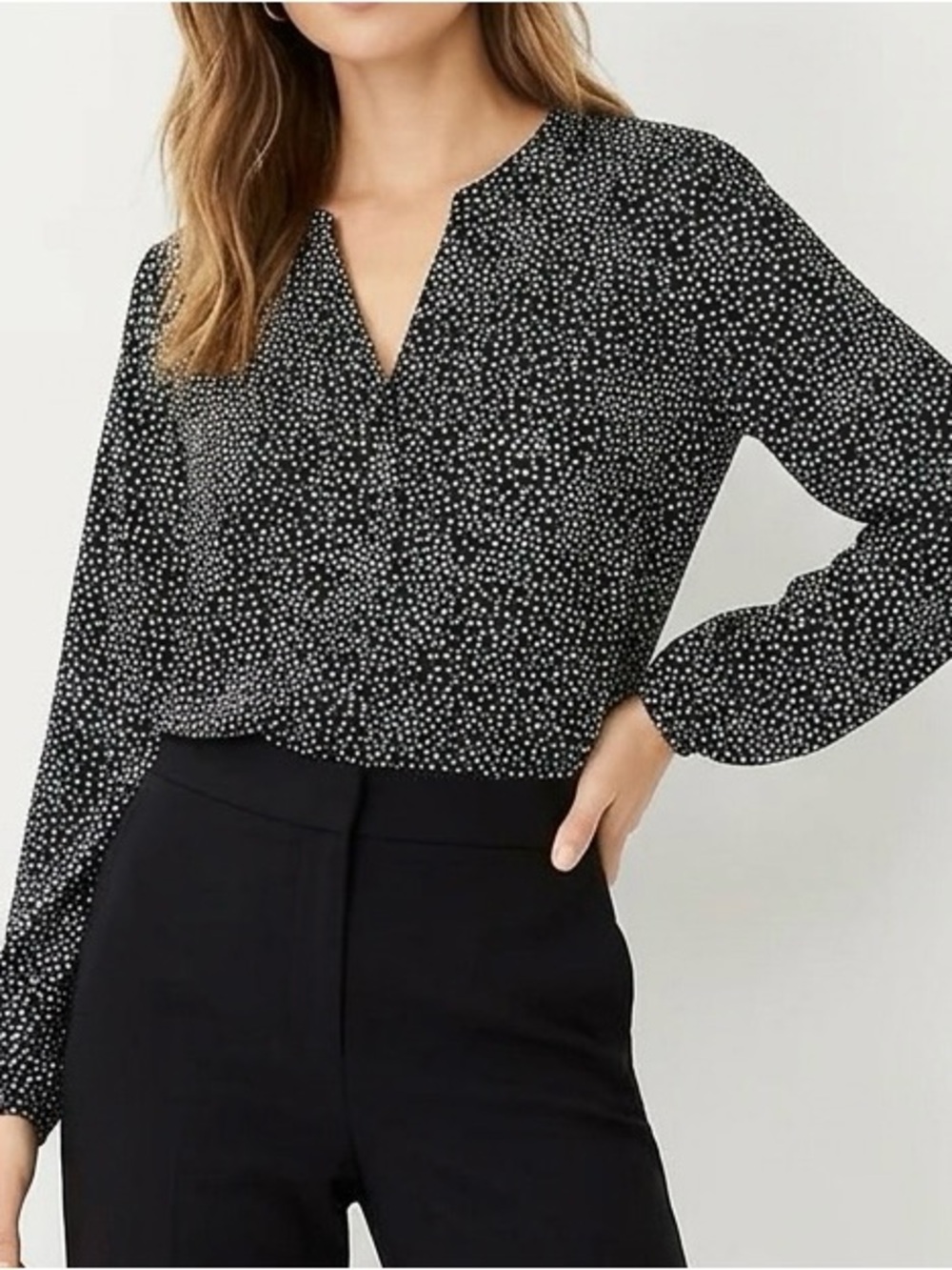 LOFT Black White Polka Dot Peplum Blouse Puff Sleeve Henley Top - Size S